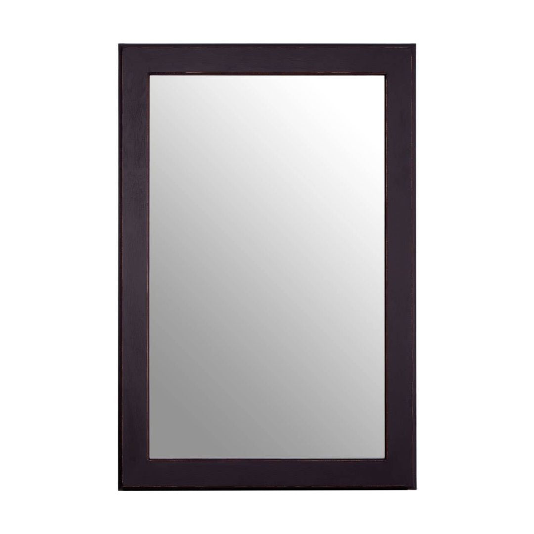 Rectangular mirror with a dark wood frame on a white background