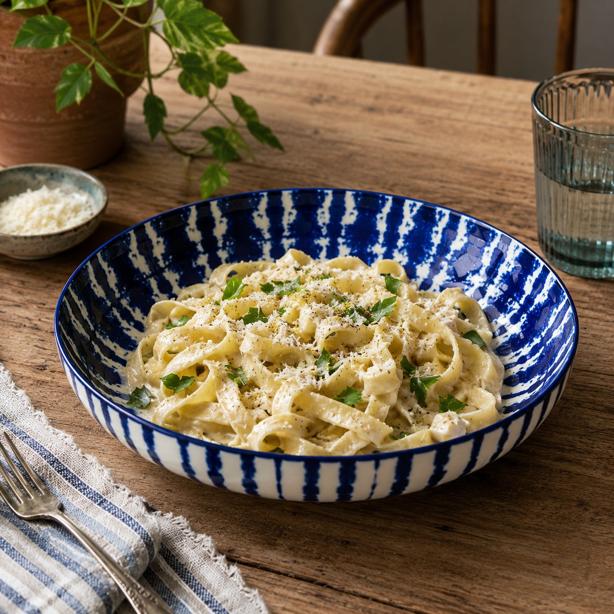 A blue and white patterned ceramic bowl filled with fettuccine pasta, garnished with parsley and grated cheese, set on a rustic wooden dining table with a fork, glass of water, and potted plants in the background.