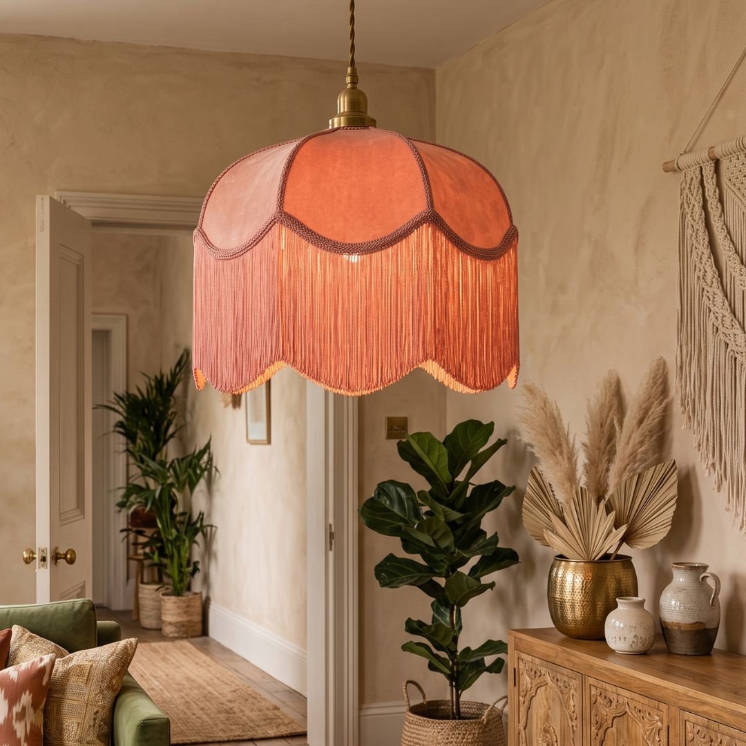 A bohemian-style pendant light with a scalloped dusty rose fabric shade and long fringe, hanging in a warm, decorated room with plants and a wooden console table.