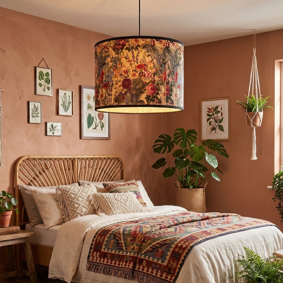 Decorative bedroom with floral pendant light, bed, and wall art.
