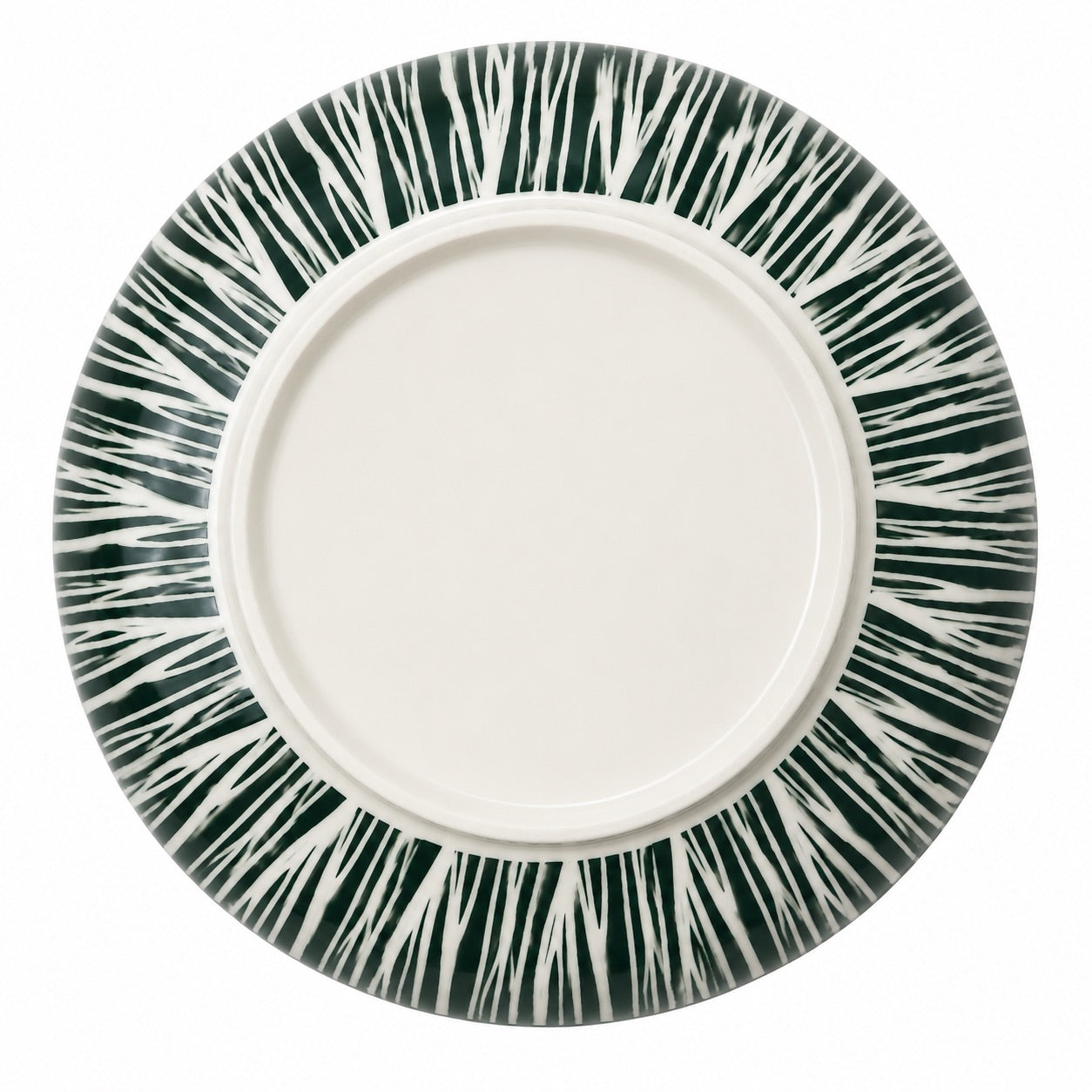 A round ceramic plate with a solid white center and a wide rim featuring a dark green and white abstract radial brushstroke pattern, shown from a top-down view on a white background.