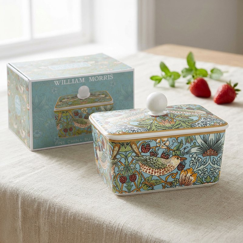 William Morris 'The Cottage' patterned ceramic butter dish with its matching box, displayed on a beige tablecloth with strawberries and mint leaves in the background.