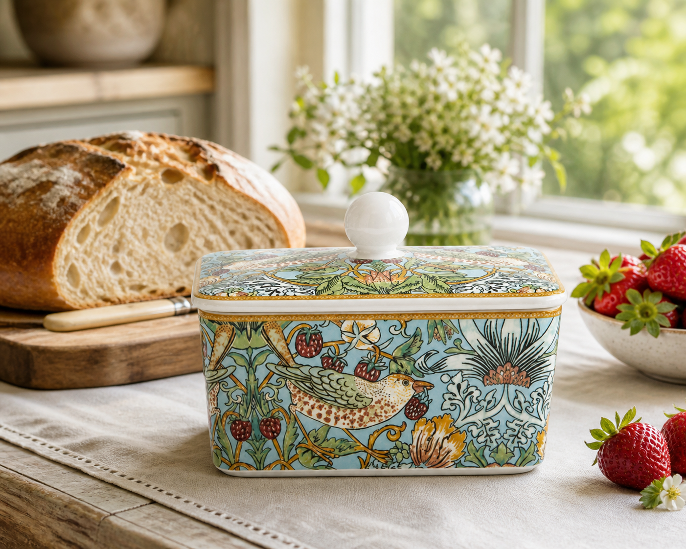 A decorative ceramic butter dish with a lid, featuring a colorful William Morris-style botanical and bird pattern, styled on a table with a loaf of bread, strawberries, and flowers in the background.