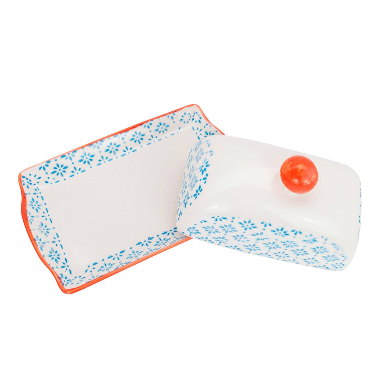 Rectangular dish with floral pattern and orange rim on a white background