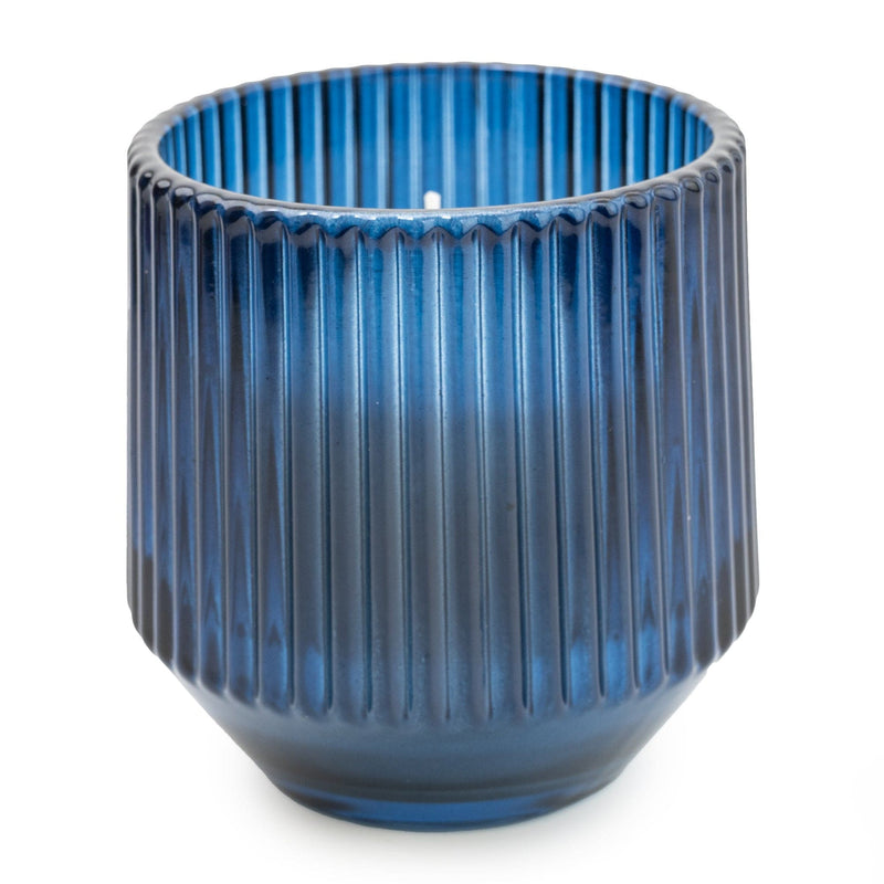 Blue Large Ridged Glass Candle Midnight Pomegranate Scent 9.7cm