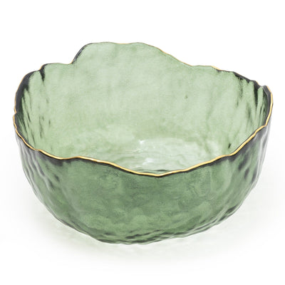 Large Green Glass Wavy Bowl With Gold Rim 20cm