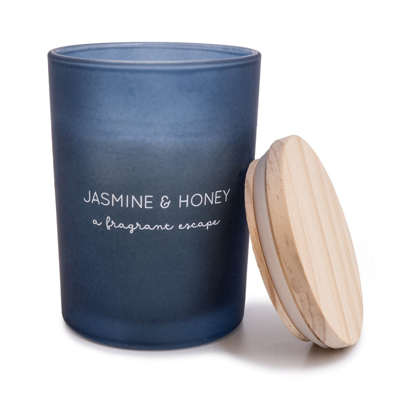 Jasmine & Honey Glass Wax Filled Pot Candle with Wooden Lid - Honeysuckle Scent 10.5cm