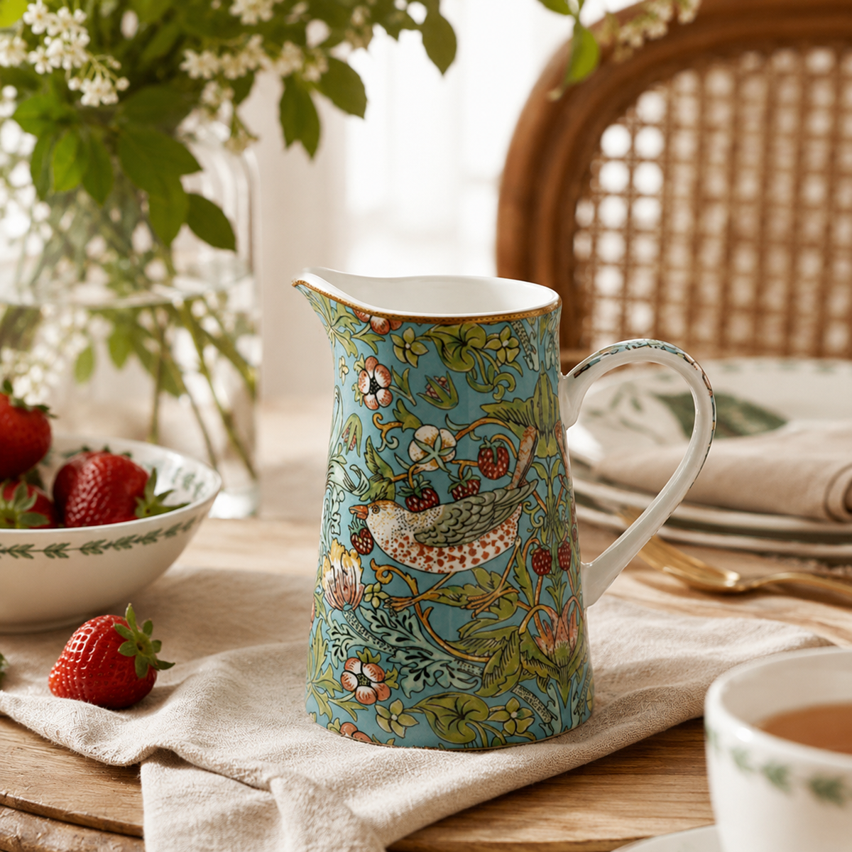 A decorative ceramic pitcher with a turquoise blue background and a detailed bird-and-floral print, styled on a table with strawberries, a cup of tea, and a woven chair in the background.