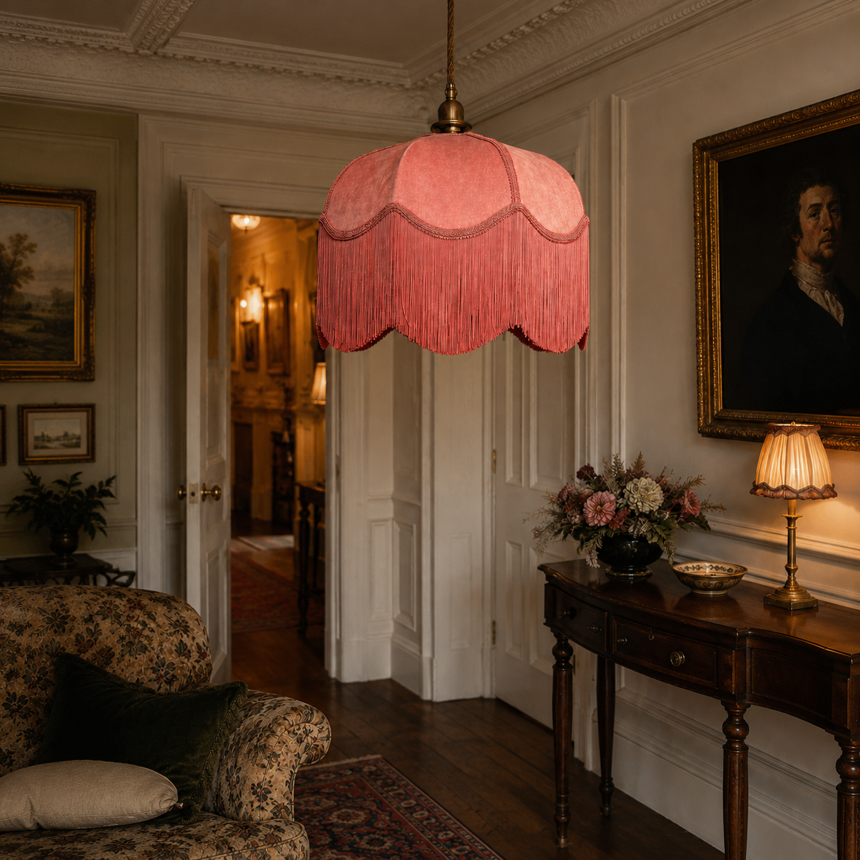 A pink fringed fabric pendant lamp hangs in a classic, elegant room with white paneled walls, a floral sofa, and a dark wood console table with a lit table lamp.