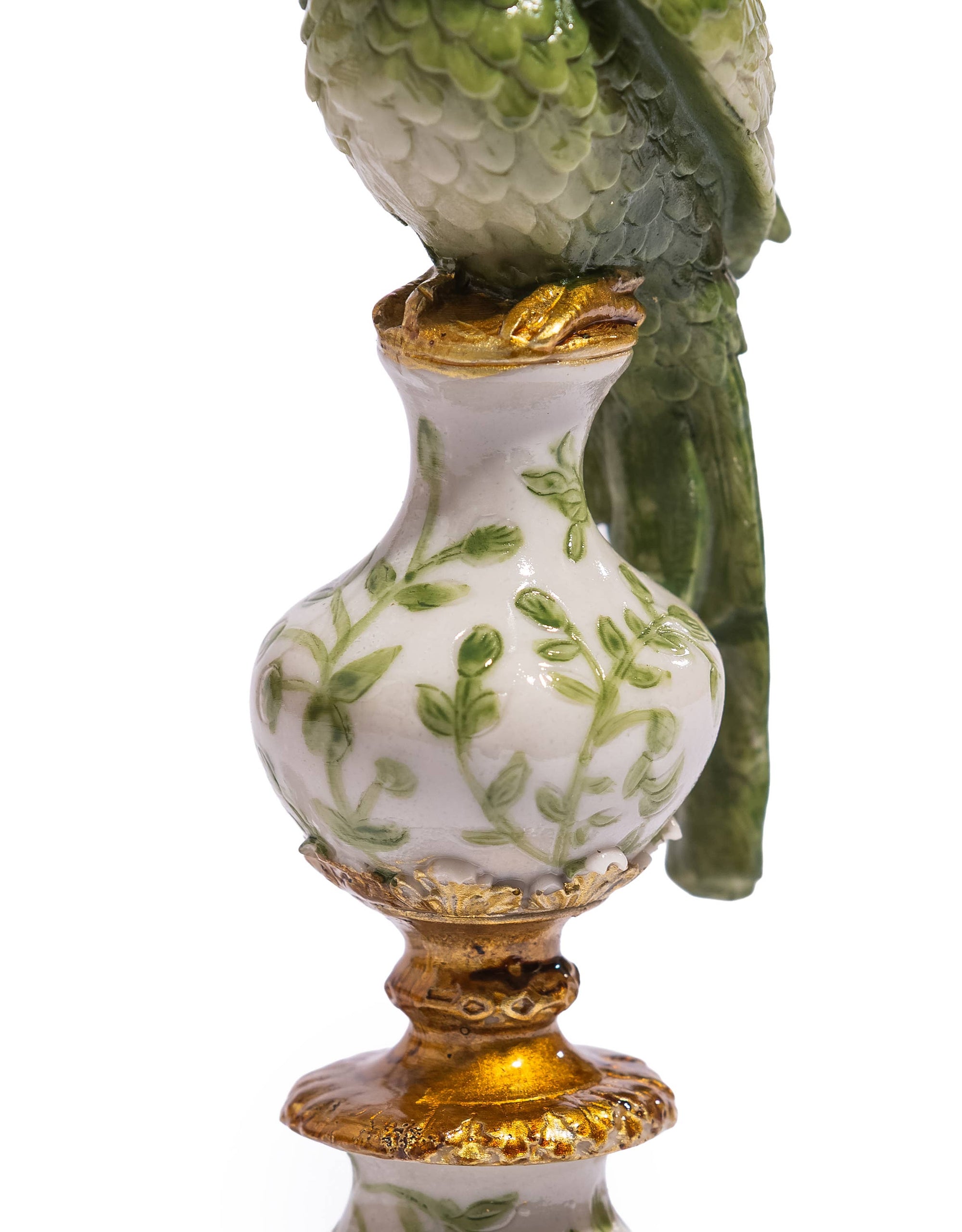 Decorative vase with green leaf patterns on a white background