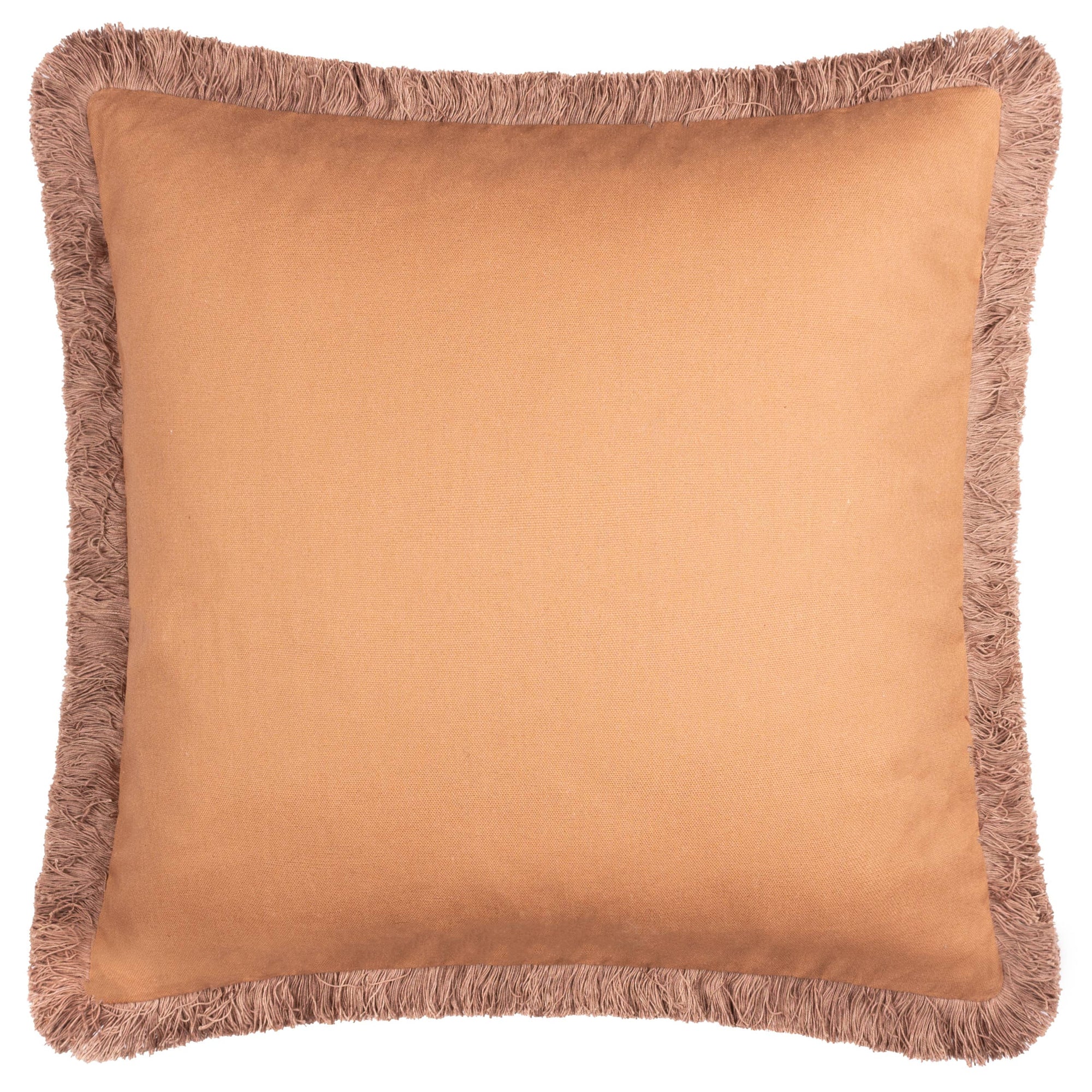 Brown cushion with frayed edge on a white background