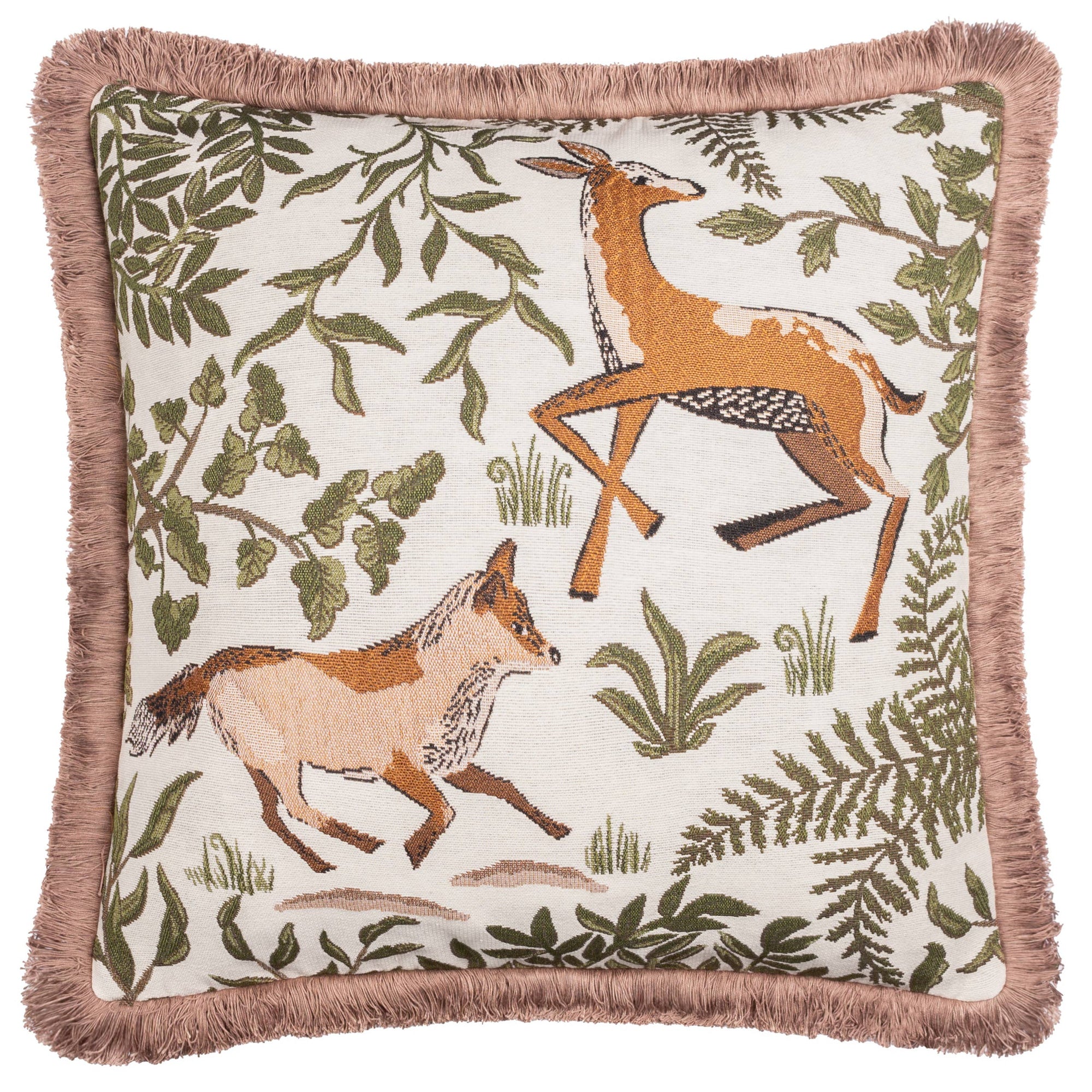 Decorative pillow with fox and deer design on a white background