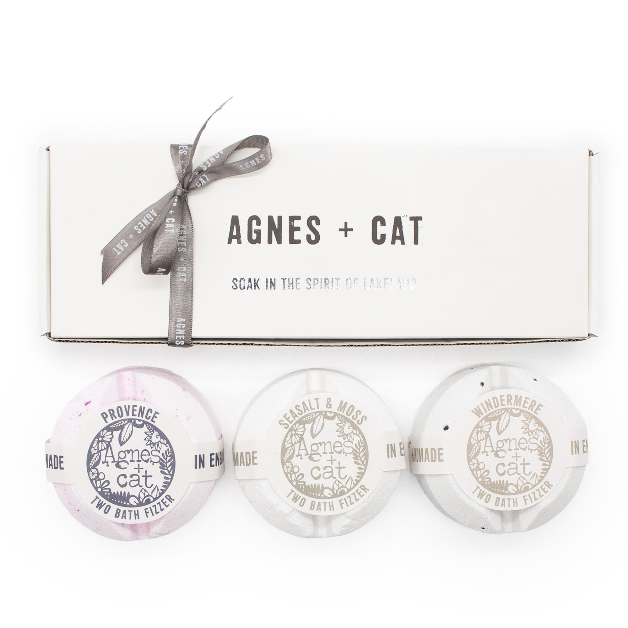 Three bath fizzers with 'Agnes + Cat' branding on a white background