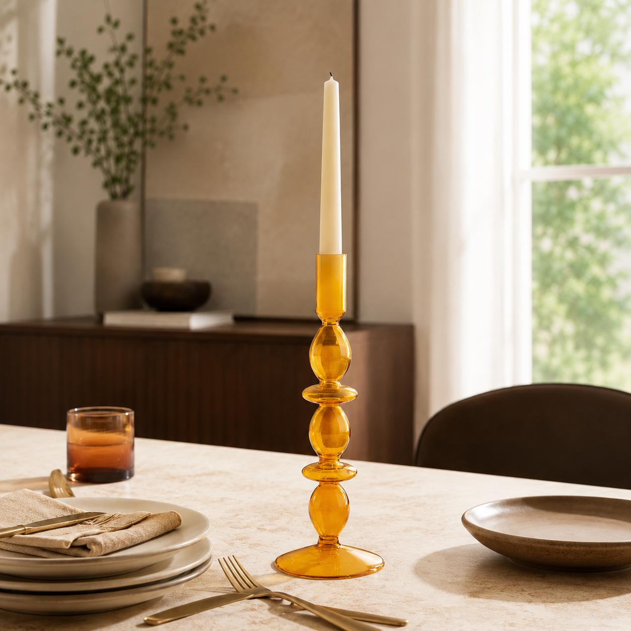 A tall amber glass candlestick holder with a white taper candle, styled on a dining table with plates, cutlery, and a glass candle holder in a warm, sunlit room.