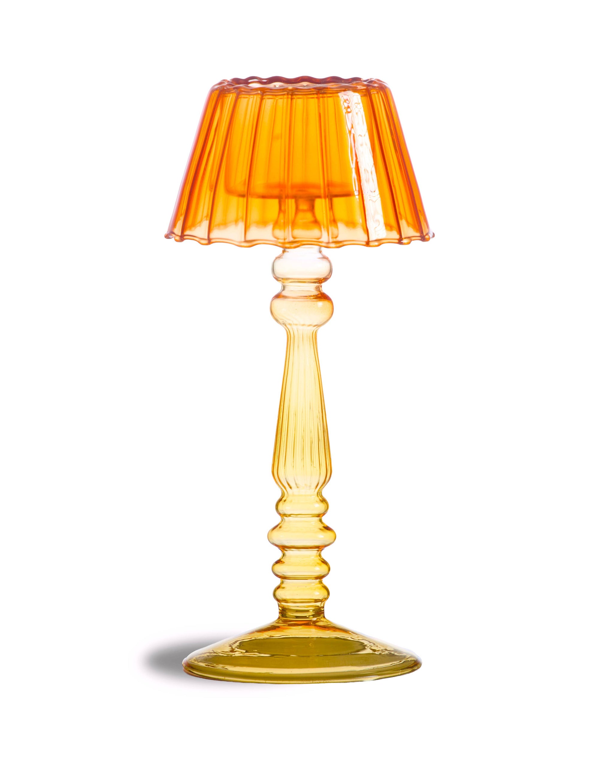 Decorative lamp with an orange shade and yellow base on a white background