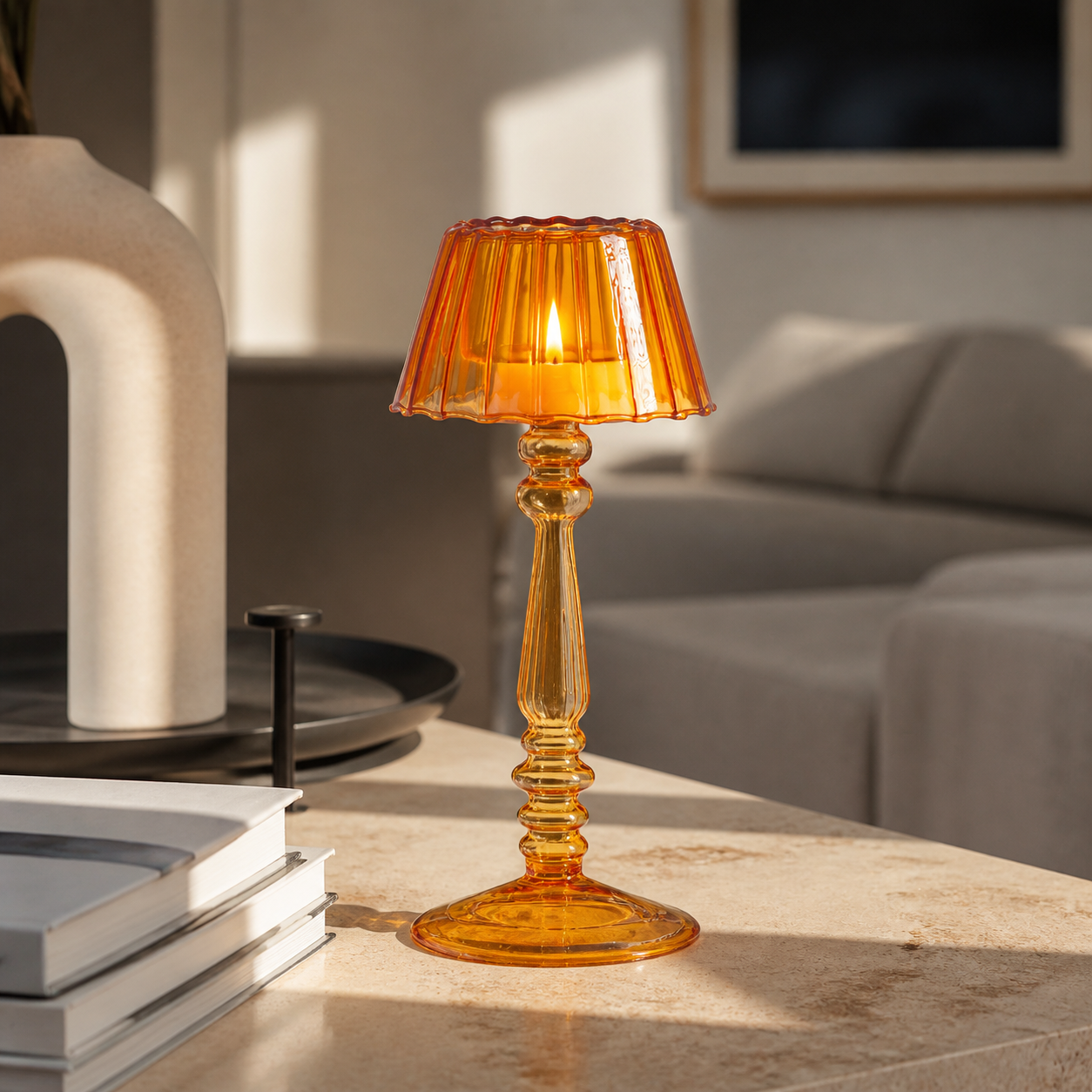 Orange/Yellow Lamp-Style Glass pillar or tealight candle holder