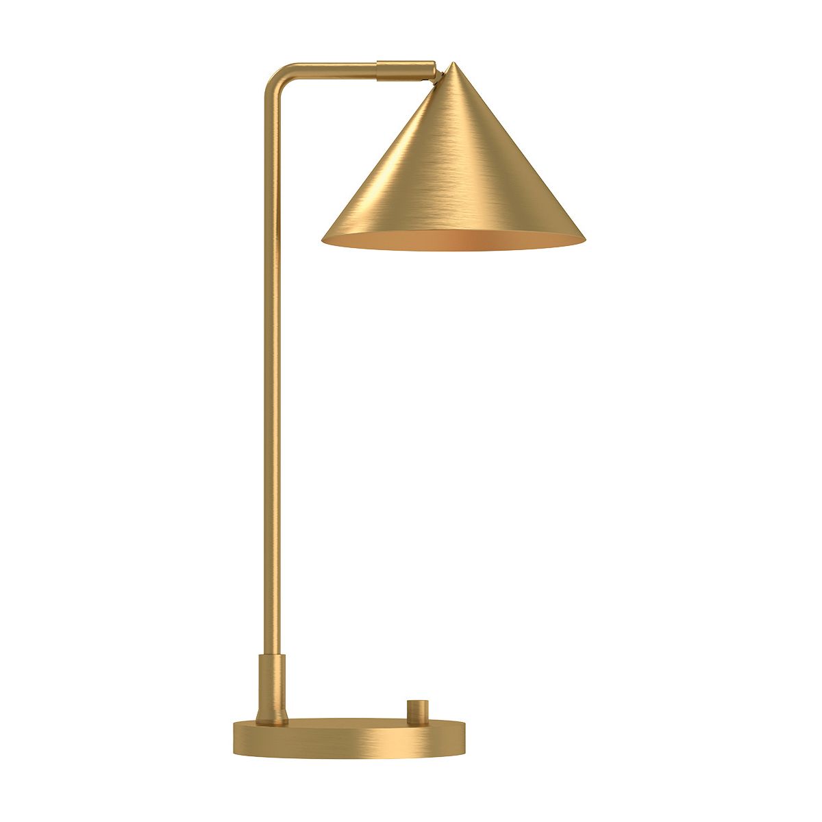 Gold table lamp with adjustable arm on a white background
