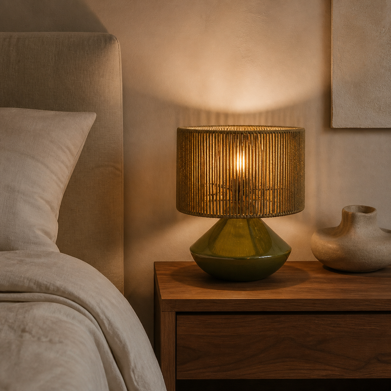 A table lamp with a ribbed metallic gold shade and a glossy olive green base sits on a wooden nightstand in a warmly lit bedroom next to a bed.