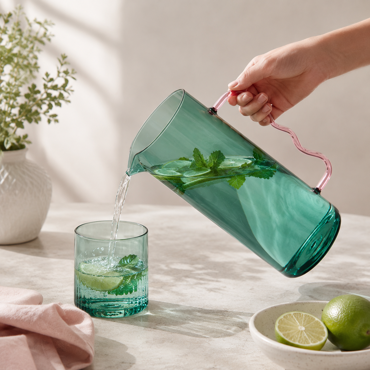 Person pouring water from a green glass pitcher into a glass on a table with limes and a plant in the background.