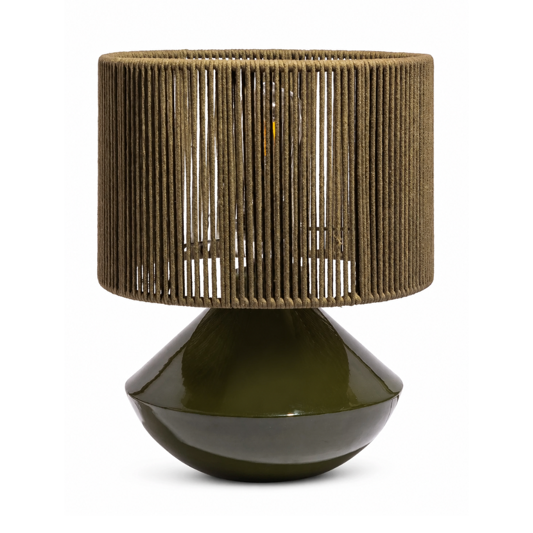 A modern table lamp featuring a glossy dark olive green ceramic base and a cylindrical woven shade made of vertical brown rope or jute cords, shown against a plain white background.