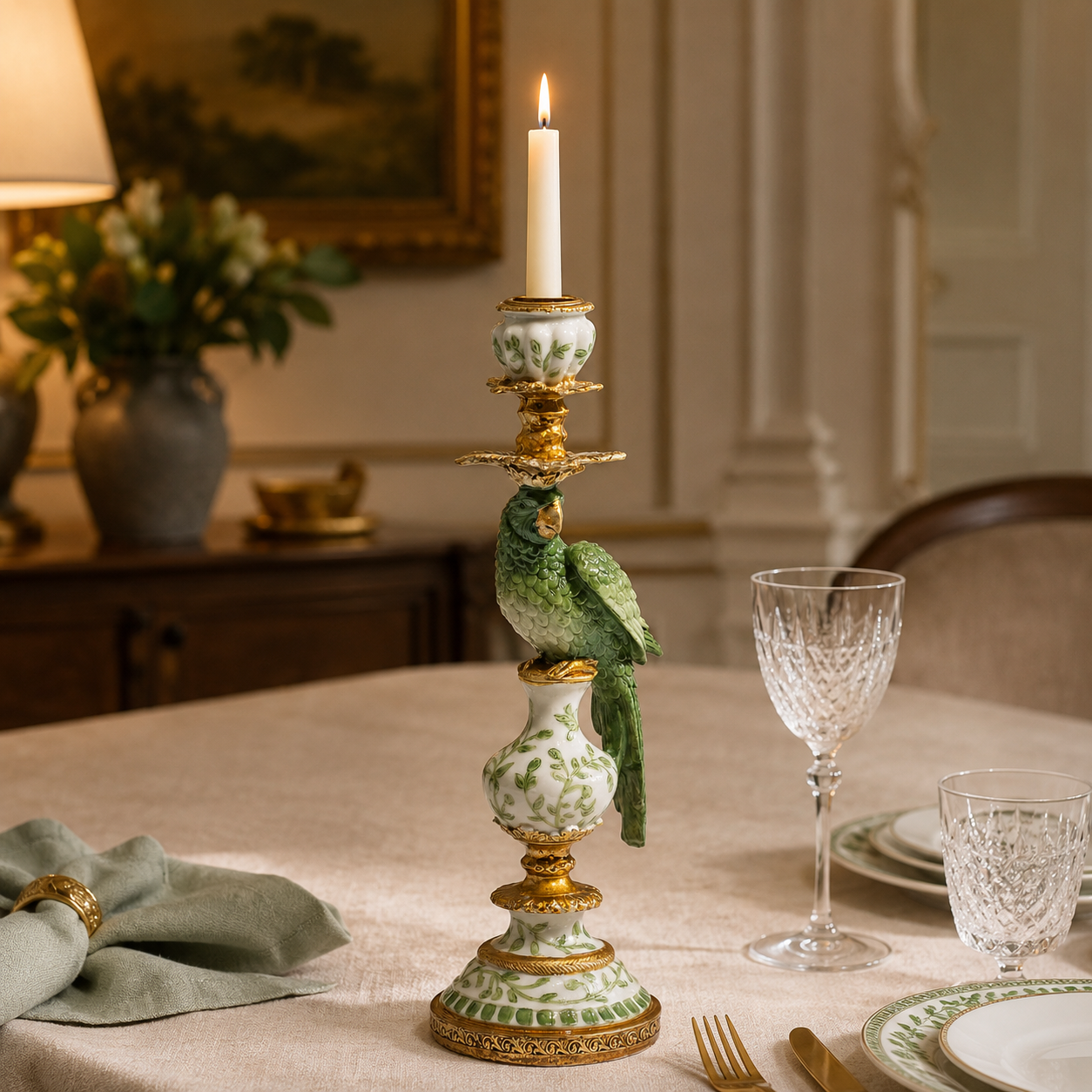 An ornate ceramic candlestick holder with a green bird figurine perched on it, displayed on a styled dining table with plates, glasses, and a lit candle in a warm, elegant interior setting.