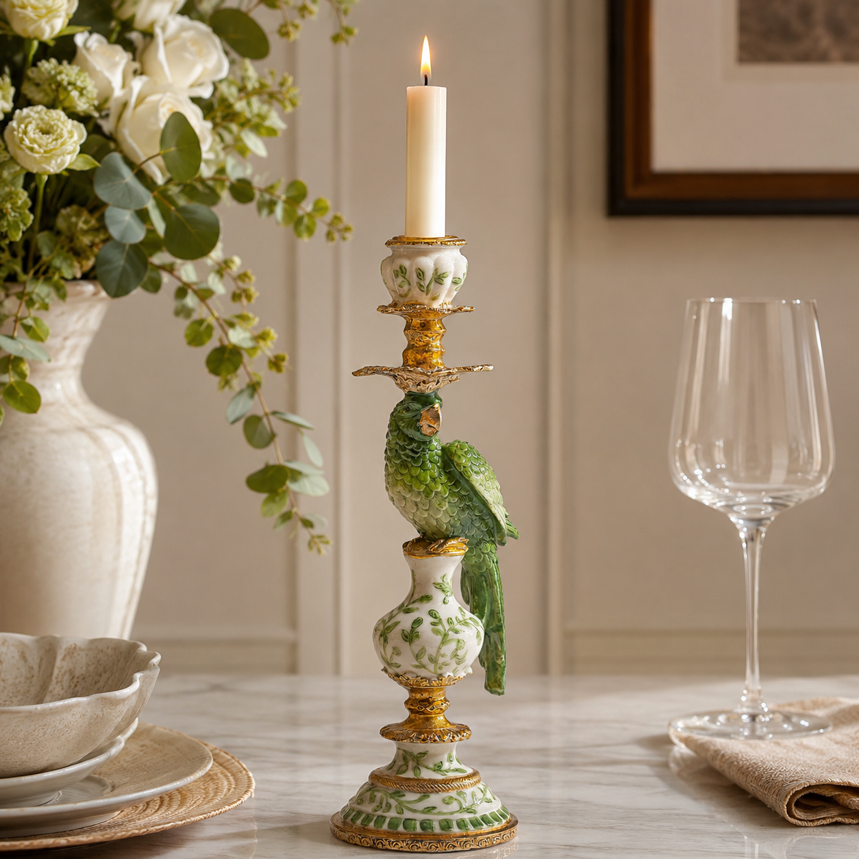 An ornate ceramic candlestick holder featuring a green parrot figurine perched on a white and green patterned vase, with a lit white candle inserted. The piece is styled on a marble tabletop with a wine glass, plates, and a floral arrangement in a softly lit interior setting.