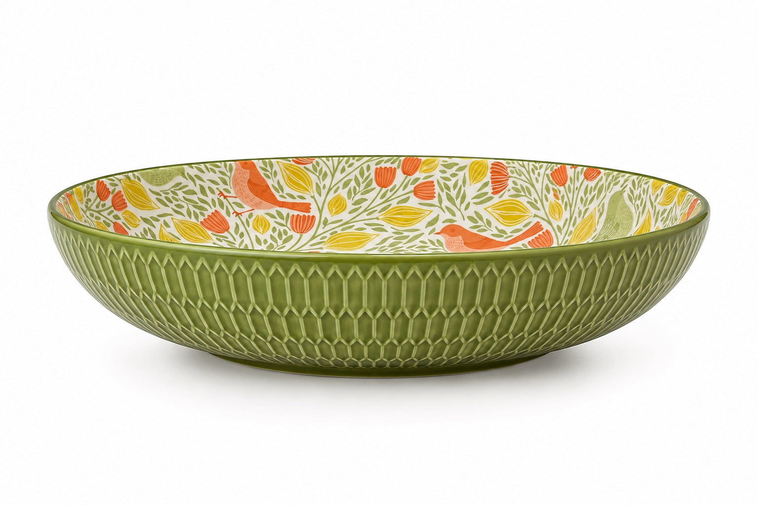 An olive green ceramic bowl with a textured, ribbed exterior and a white interior decorated with a colorful pattern of orange birds and yellow leaves.