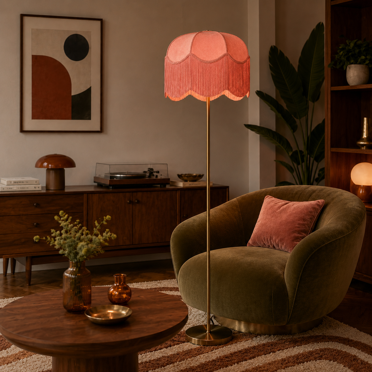 A pink fringed floor lamp with a brass stand in a cozy, retro-styled living room next to an olive green velvet armchair.