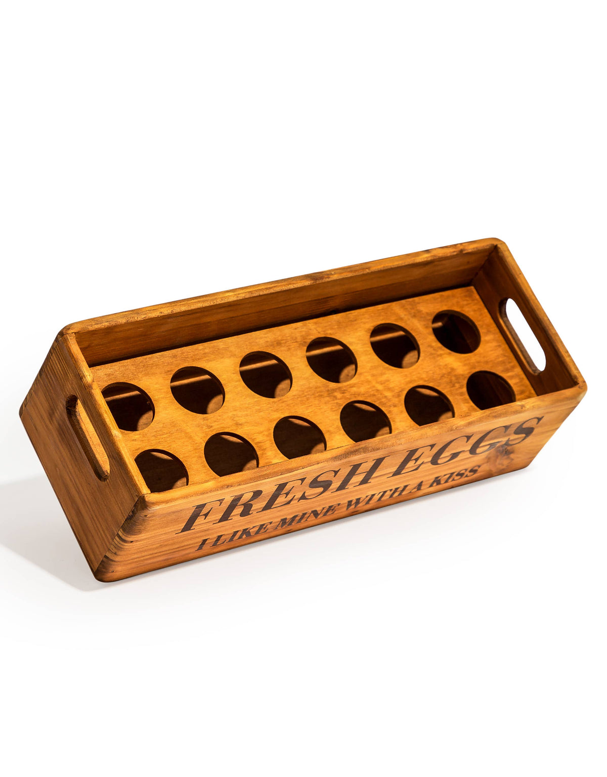 A rectangular wooden egg carton with built-in handles and circular cutouts, printed with the text 'FRESH EGGS I LOVE MIND WITH KISS' on a clean white background.