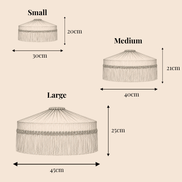Illustrations of three lampshades with measurements for small, medium, and large sizes on a beige background.