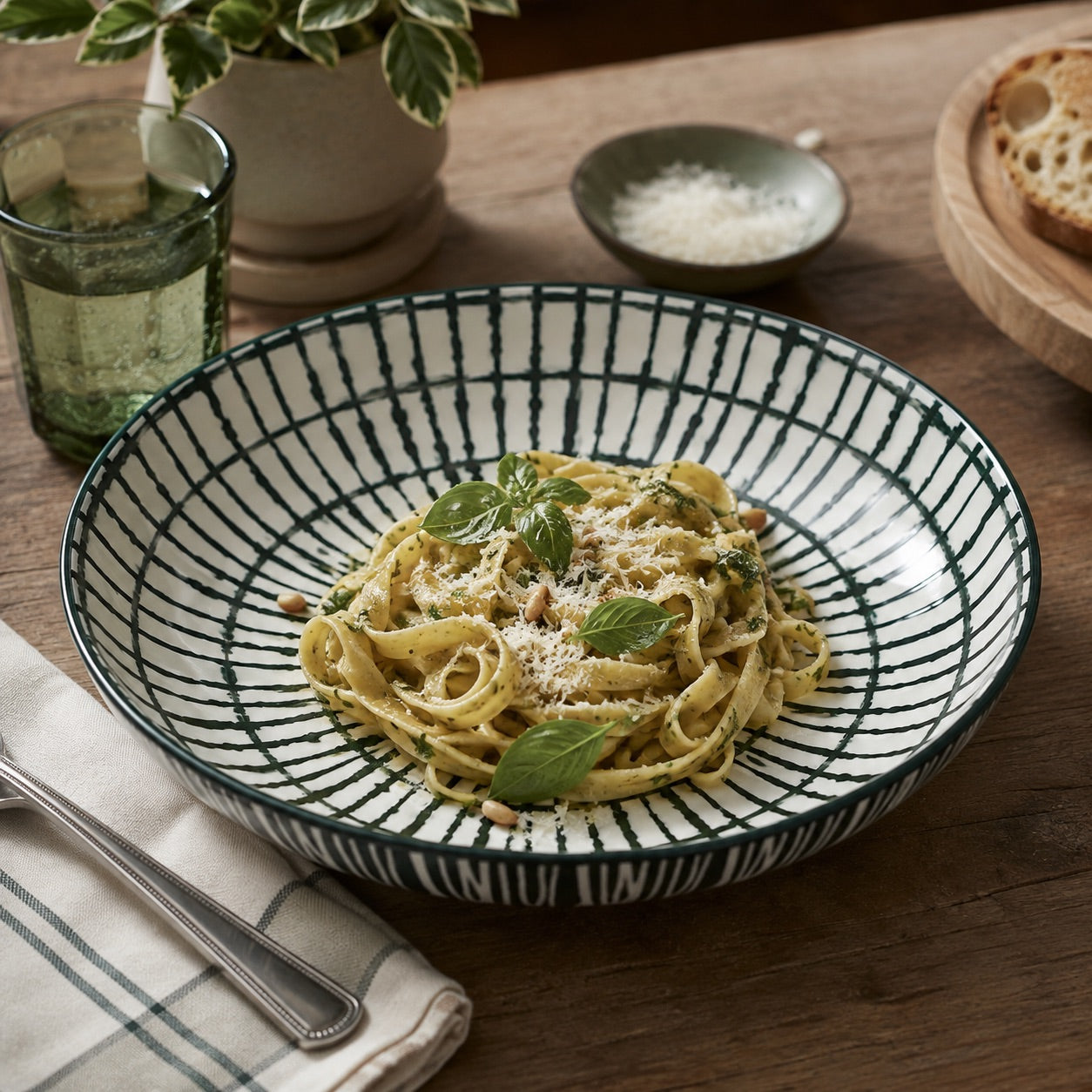 A wide, shallow ceramic bowl with a black and white striped pattern, filled with pasta and garnished with basil leaves and parmesan cheese, set on a wooden dining table.