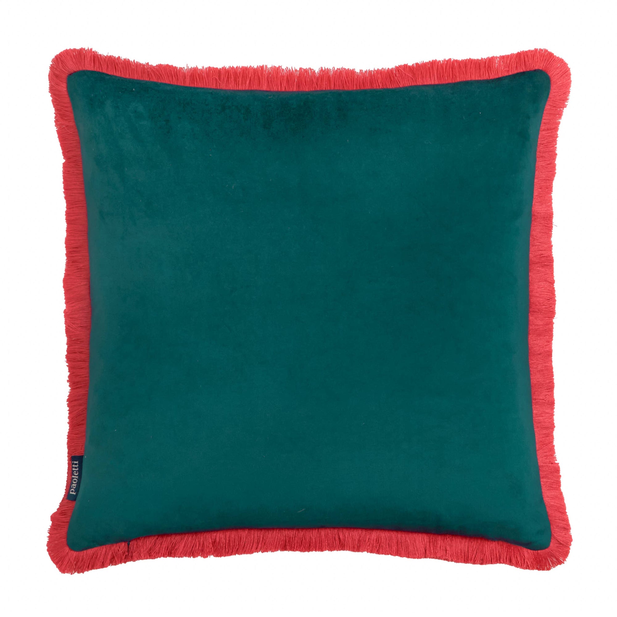 Teal pillow with red trim on a white background