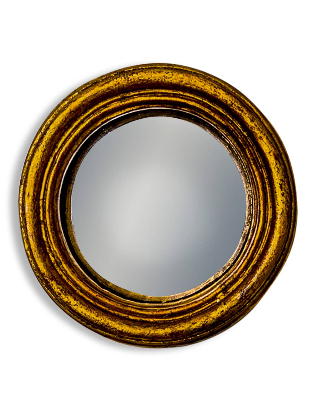 Round decorative wall mirror with a distressed gold and brown frame, shown against a plain white background.