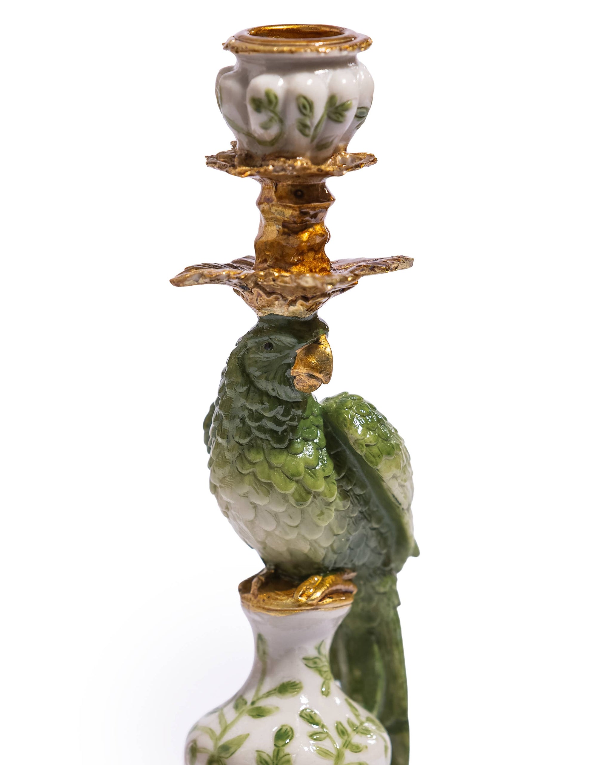 Decorative candle holder with a parrot design on a white background