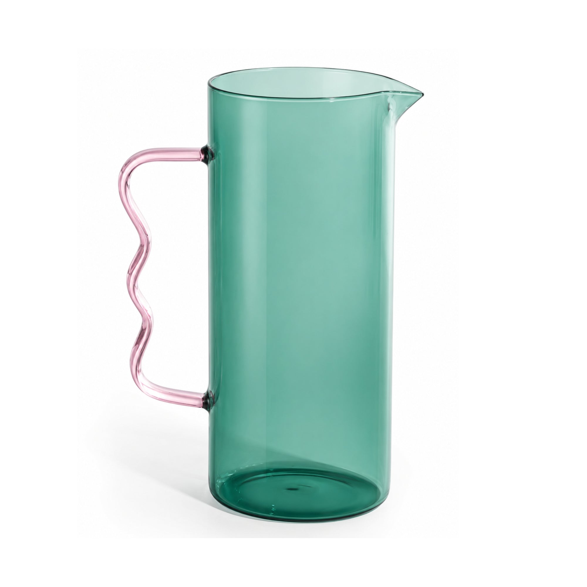 Green pitcher with a pink handle on a white background
