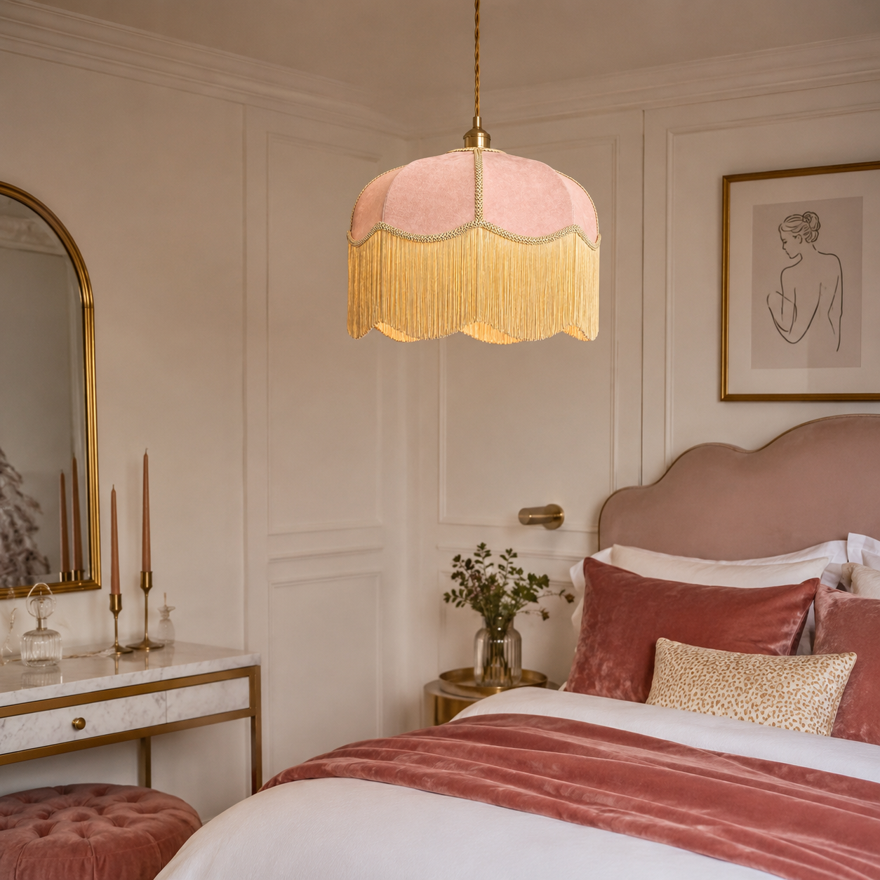 A pink and gold fringed pendant light hangs over a bed in a softly styled bedroom with blush bedding, a gold-framed mirror, and warm neutral walls.