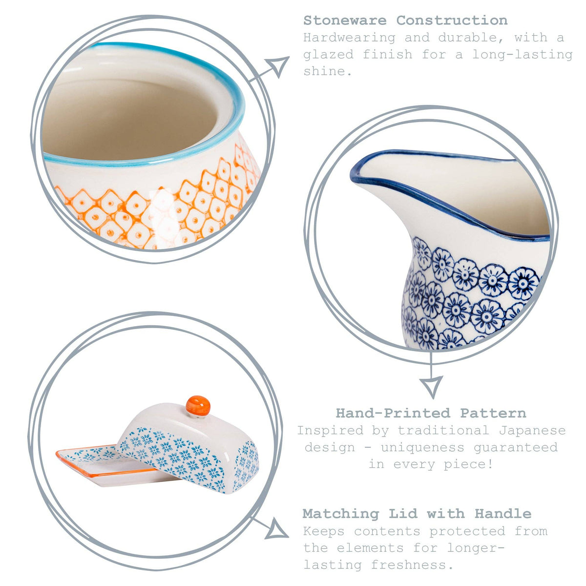 Ceramic containers with traditional Japanese design, featuring a lid and handle.