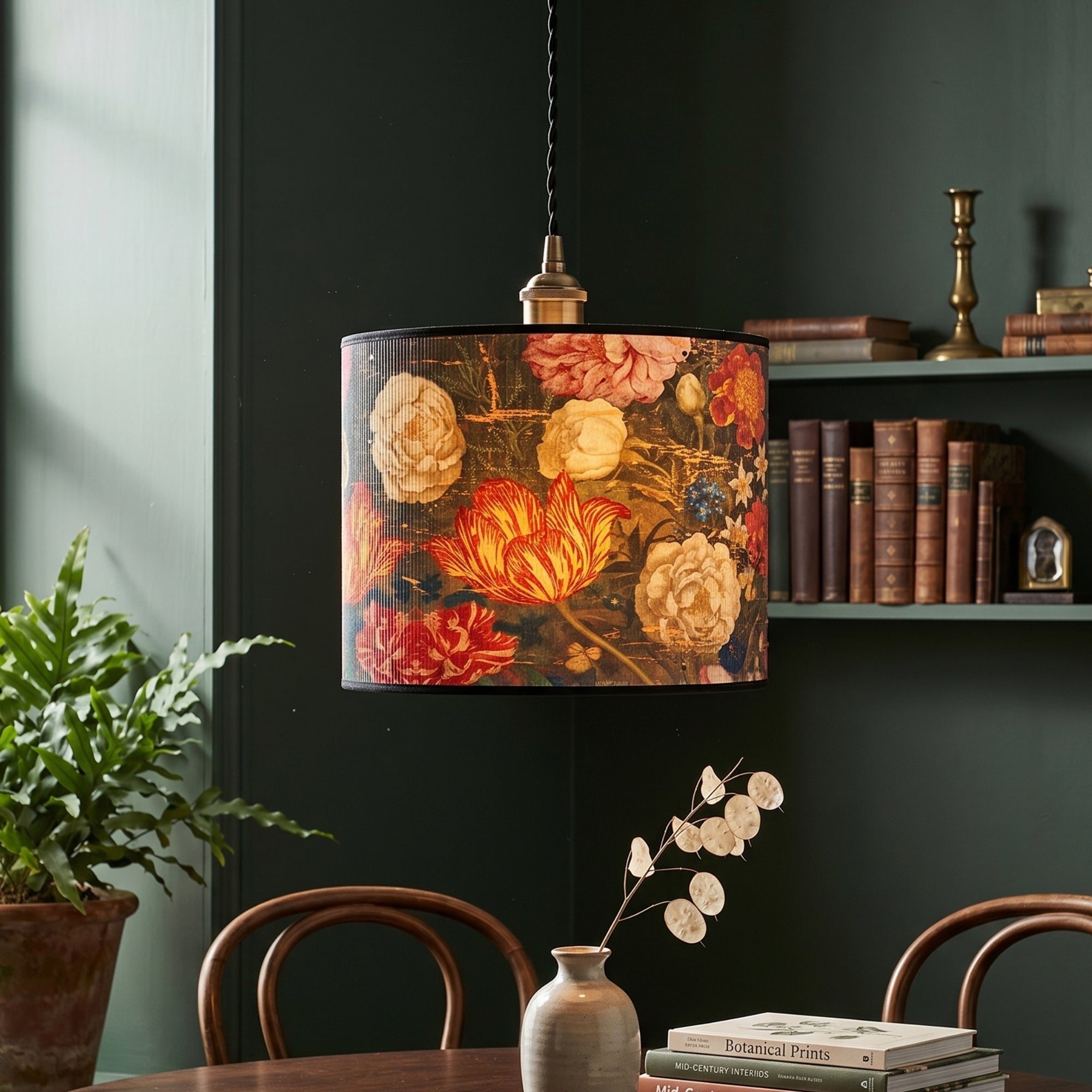 Floral-patterned lampshade hanging above a table with books and a plant.