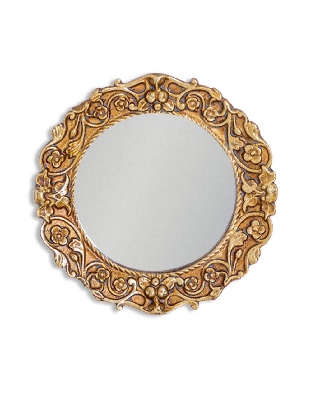 An ornate round wall mirror with a highly detailed, carved gilded frame featuring classical floral and scroll motifs, shown against a plain white background.