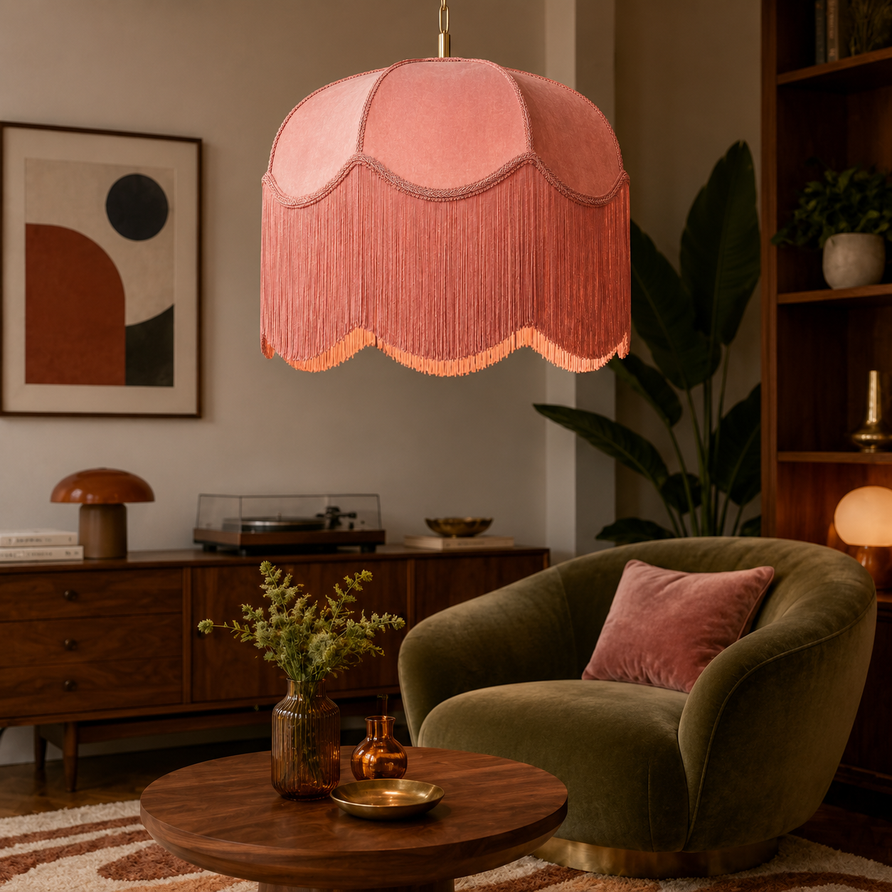 A dusty pink velvet pendant lamp with scalloped edges and fringe hangs in a styled living room above a green velvet armchair and round wooden coffee table.