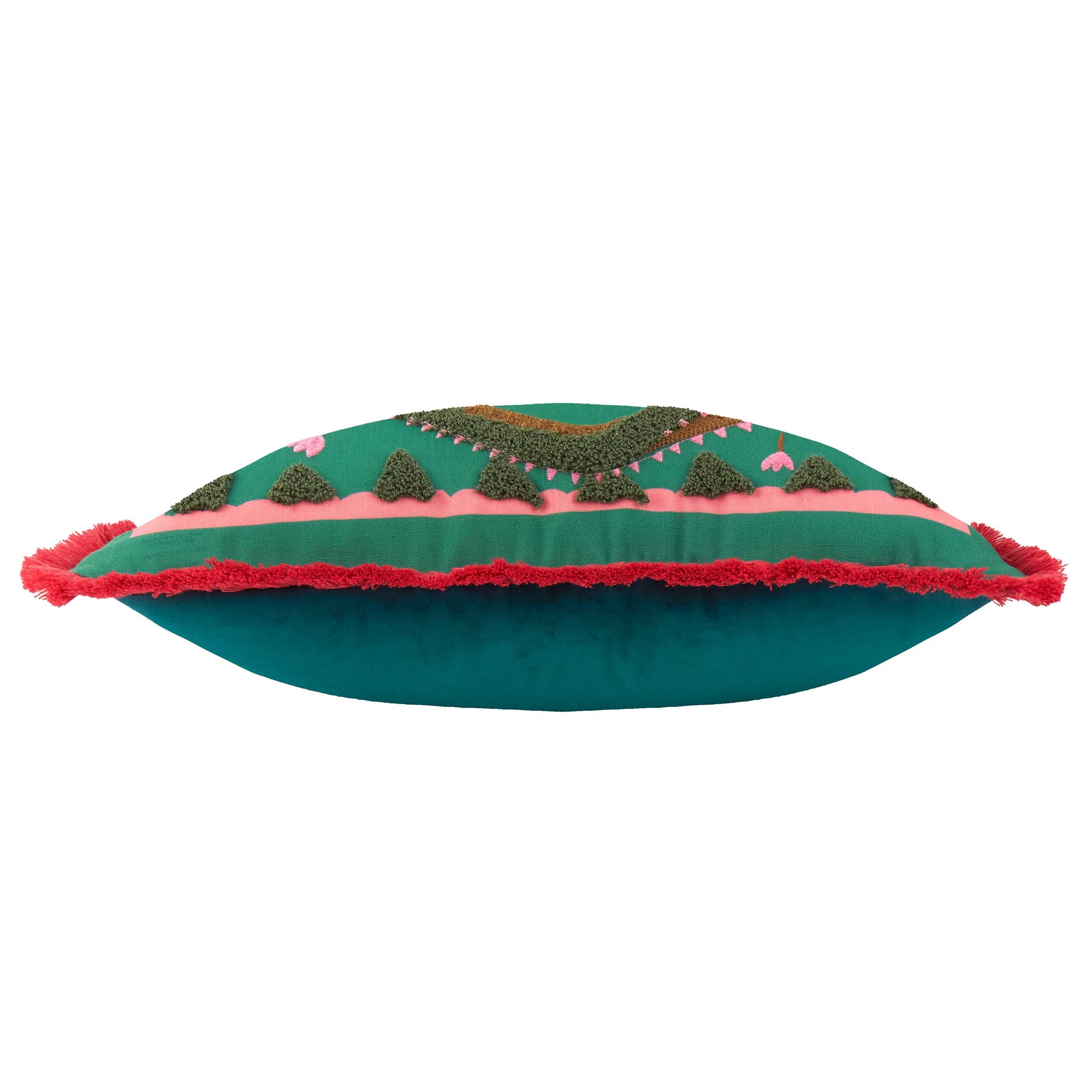 Decorative pillow with green, pink, and red colors on a white background