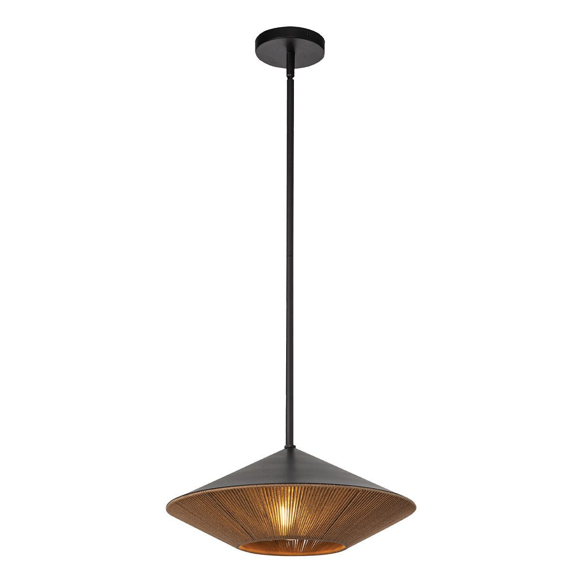 Pendant light with woven design on a white background