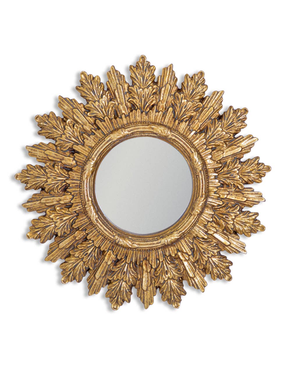 Decorative gold mirror with leaf-like patterns on a white background