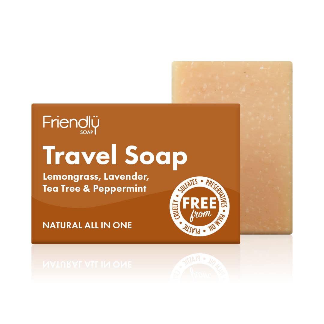 Travel soap bar with packaging labeled 'Friendly Soap' on a white background