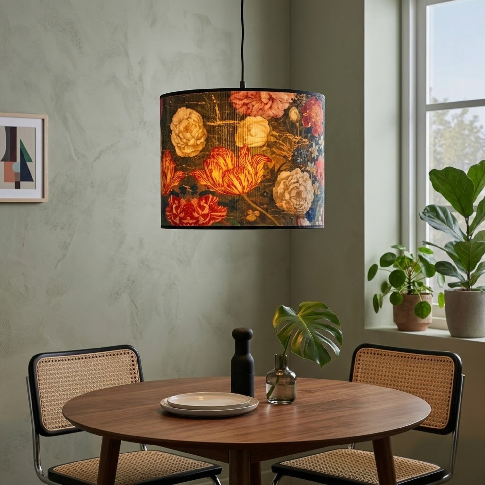 Dining room with a wooden table, chairs, and a colorful floral lamp.