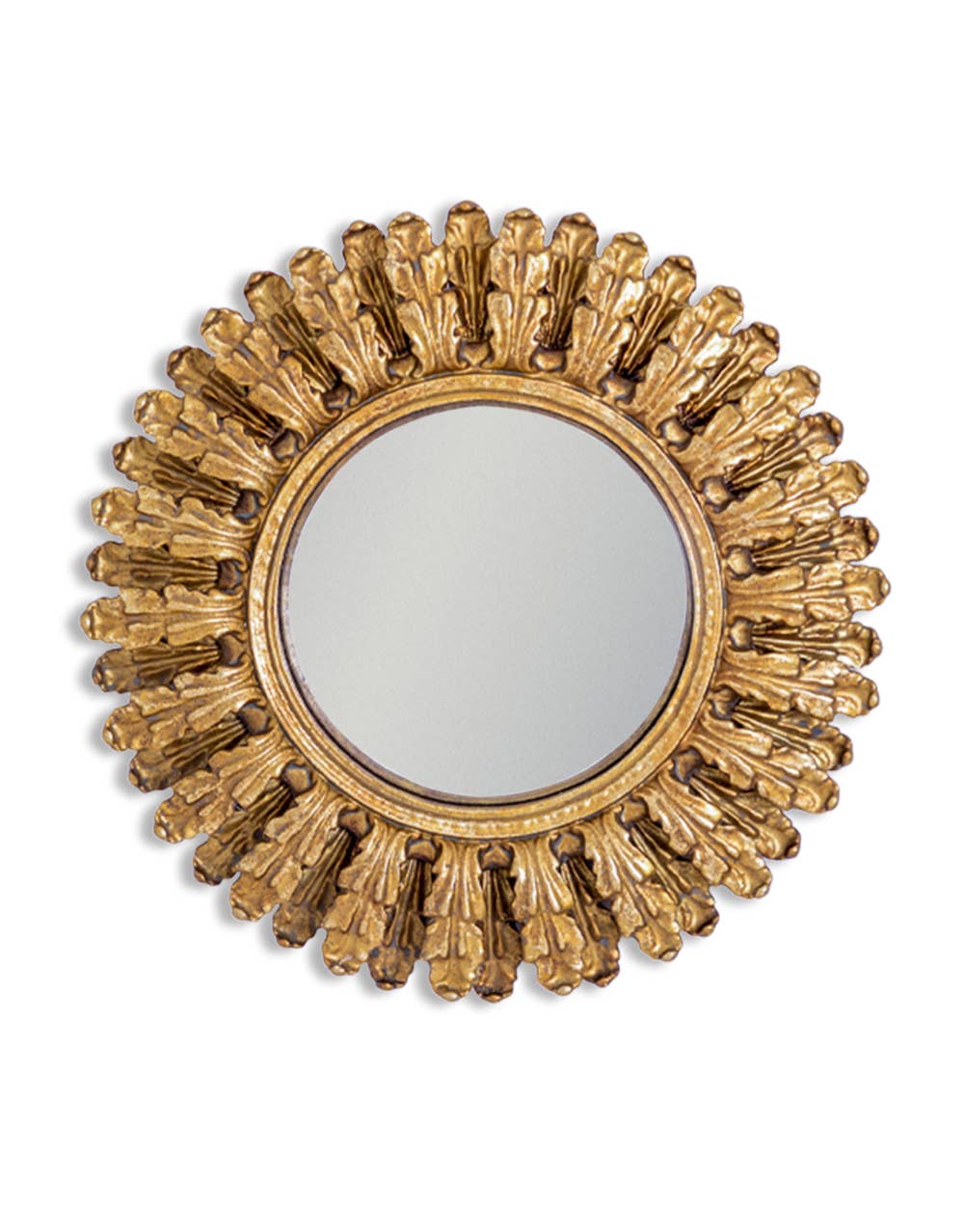 Decorative gold mirror with sunburst design on a white background