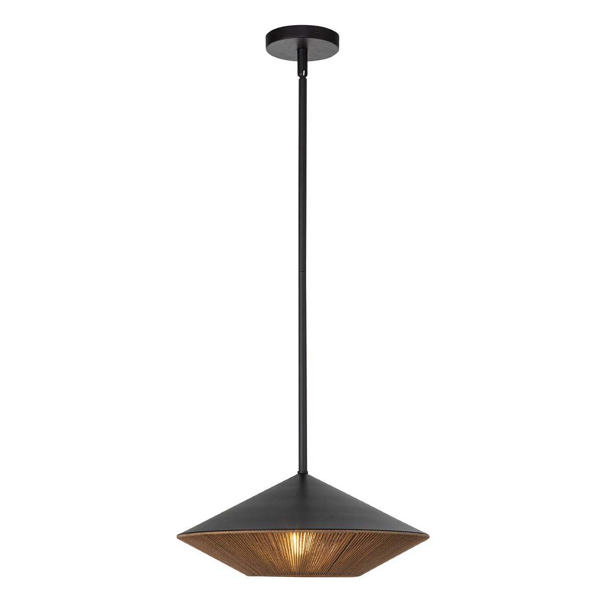 Black pendant light with geometric shade on a white background