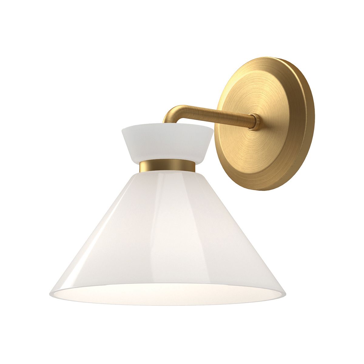 Wall-mounted light fixture with white shade and gold metal arm on a white background
