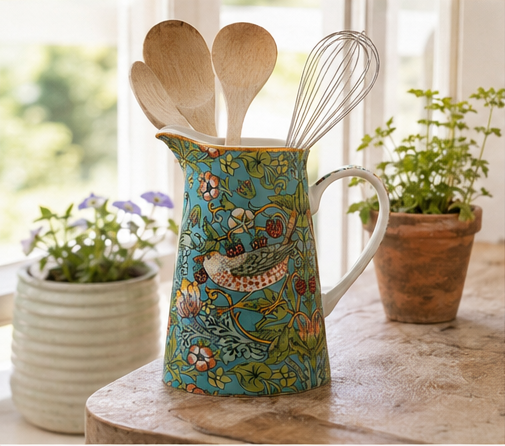 A ceramic pitcher with a turquoise floral and bird pattern sits on a stone surface in a bright kitchen setting, with wooden spoons and a metal whisk sticking out of the top. Small potted plants are visible in the background near a window.